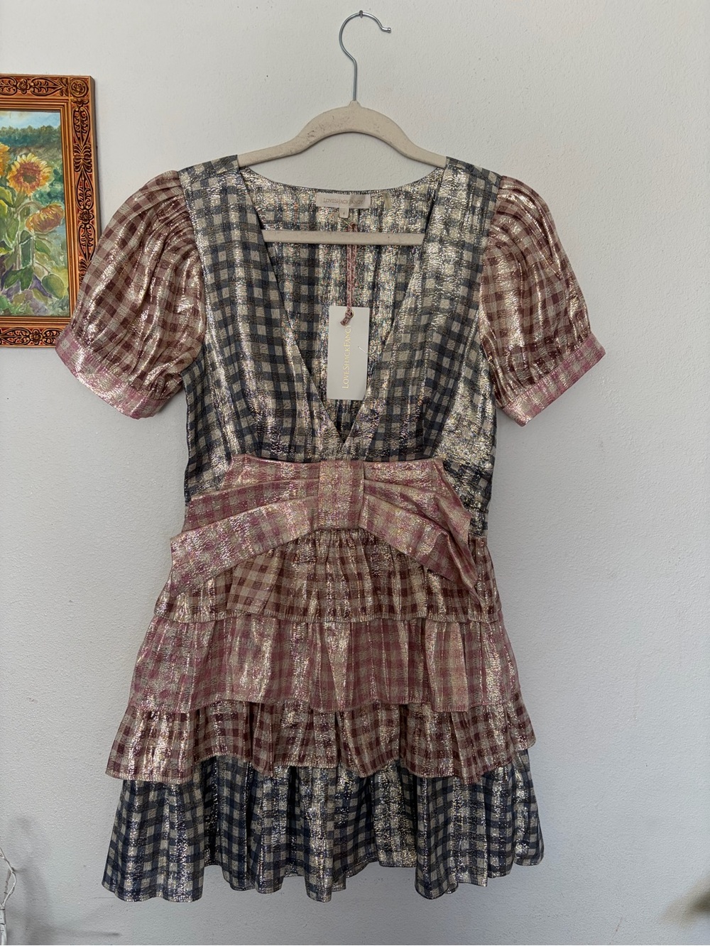 LoveShackFancy Metallic Plaid Tiered Mini Dress with Bow